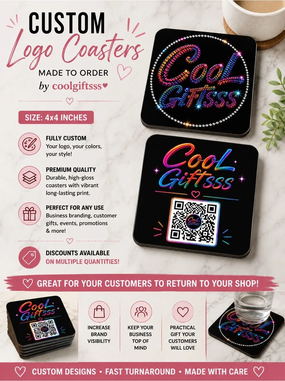 Coasters personalized ceramic or fabric 4x4 great customer gifts new